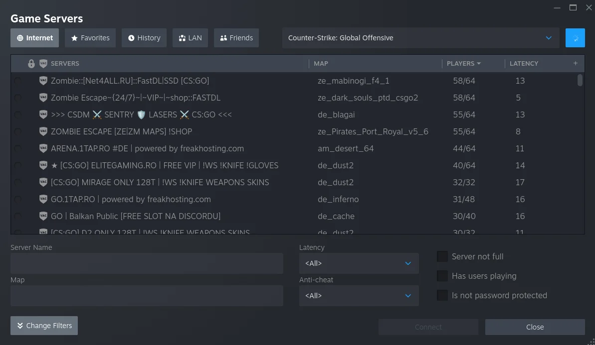 Steam client game server browser showing CSGO community servers